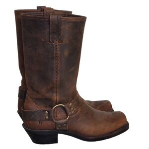 Frye Vintage Harness Distressed Brown Leather Square Toe Western Moto Boots